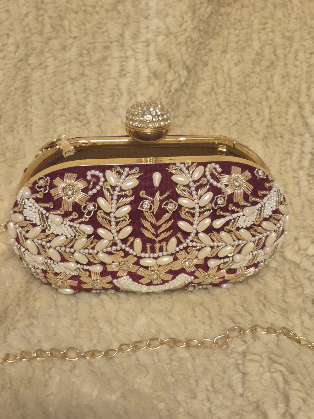 Embellished Maroon Evening Clutch with Pearl & Gold Accents